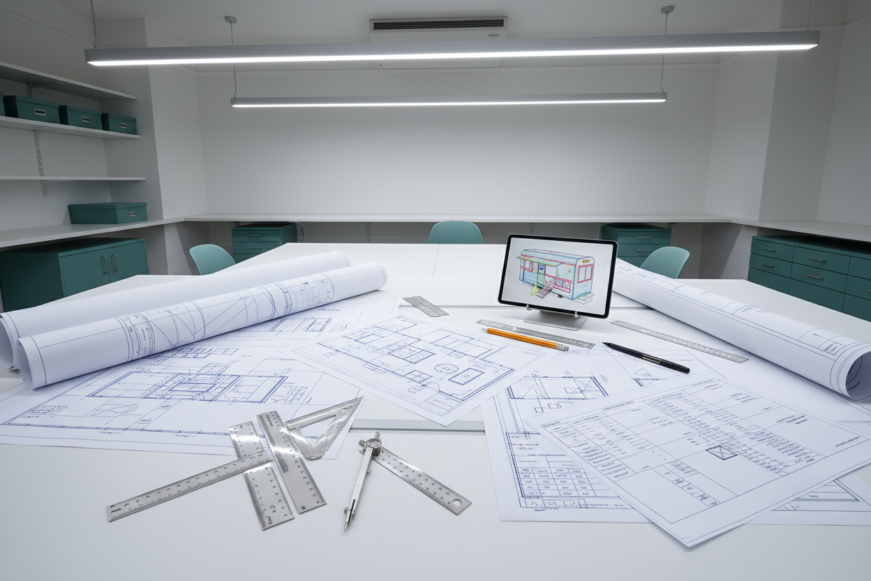 Engineer reviewing compliance schematics for custom food trailer fabrication